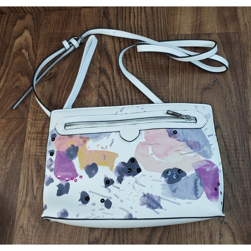 A New Day White Faux Leather Purse Paint Brush Sequin Multicolor Design